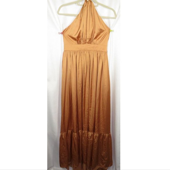 Perrin & Co Silk Serena Flowy Halter Maxi Dress, Gold, Pockets - Picture 7 of 14